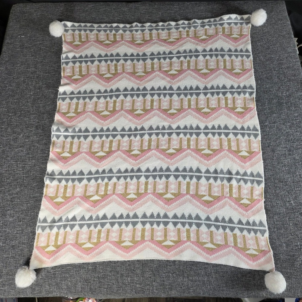 Pottery Barn Kids Emily & Meritt Pink Gold Pom Pom Knit Baby Blanket 30x40